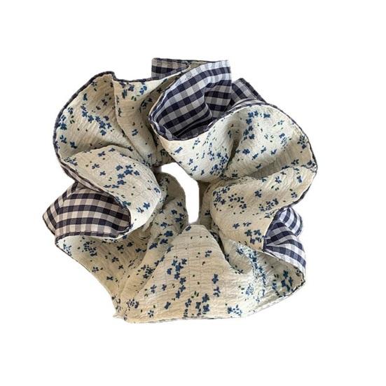 Hair Tie French Style Large Widened Size Hair Rope Plaid Floral Print Ponytail