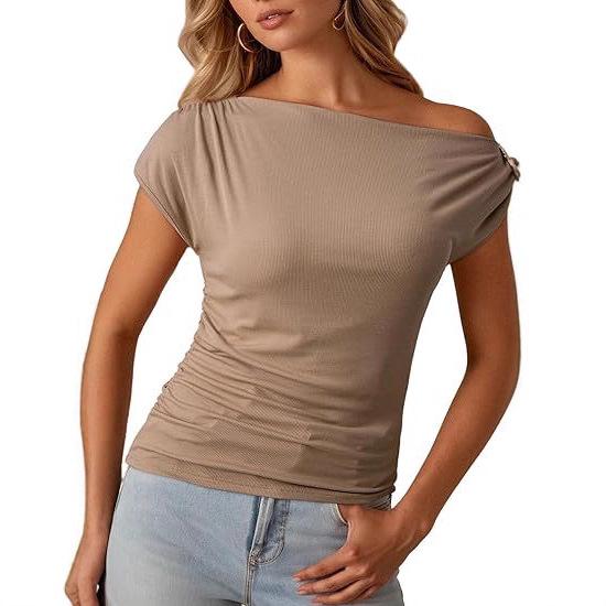 2026 European & American Off-Shoulder Cinched Waist Fashion Pullover Women's T-Shirt