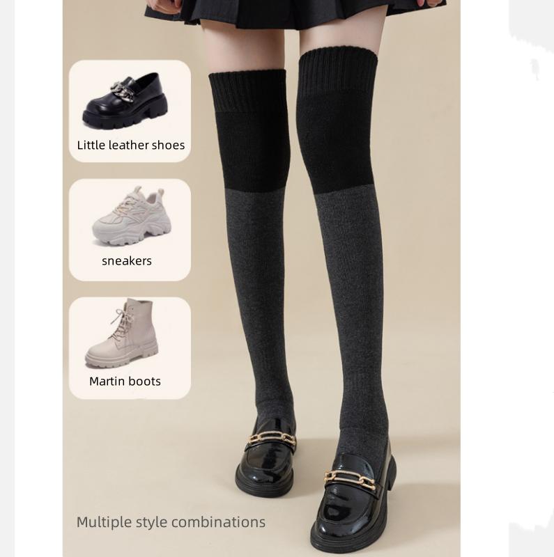 Chaussettes d'hiver tricotées pour femmes, chaussettes au-dessus du genou, antidérapantes, hautes, épissées ensemble, chaussettes chaudes pour femmes, bas de printemps pour femmes