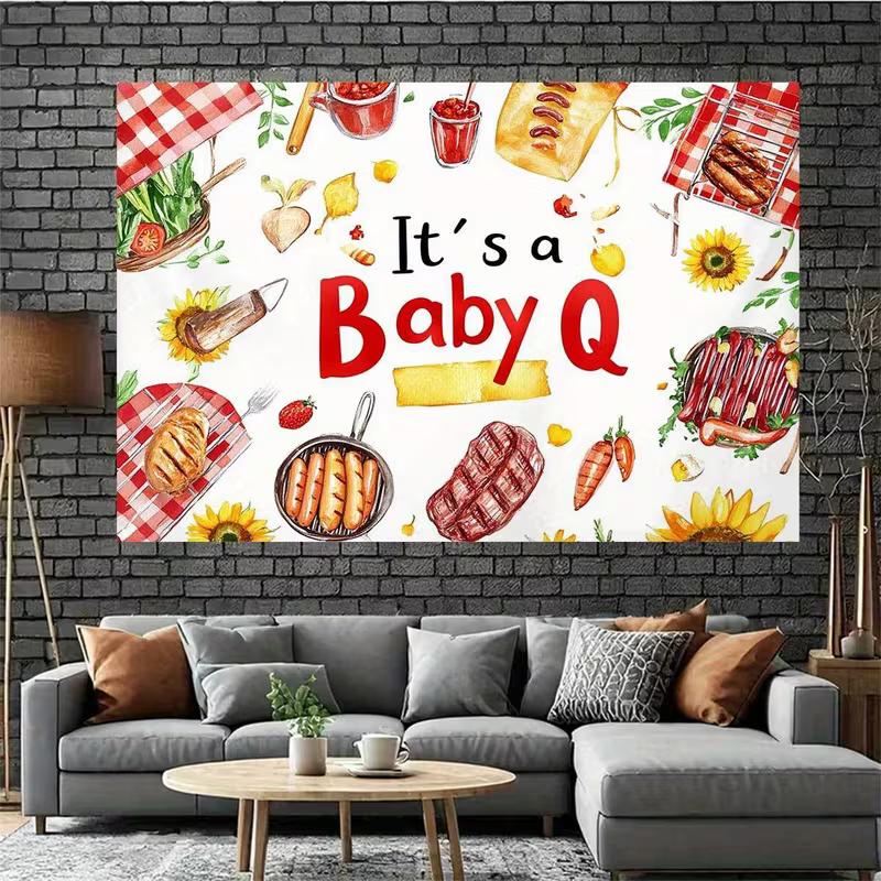 2D Flat Baby Shower Backdrop "It's a Baby Q" Watercolor BBQ Theme Background Cloth