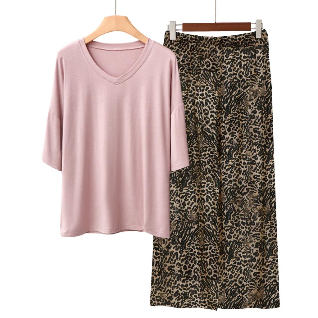 Pajamas Women's Spring and Summer New V-neck Short-sleeved Cotton and Linen Pants European and American Large-size Loungewear Two-piece Set