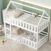 Twin Over House Bunk Bed with Fence and Door, White Bed Frame, Heavy Duty Strong Support Slats, Storage Space Under Base, Easy