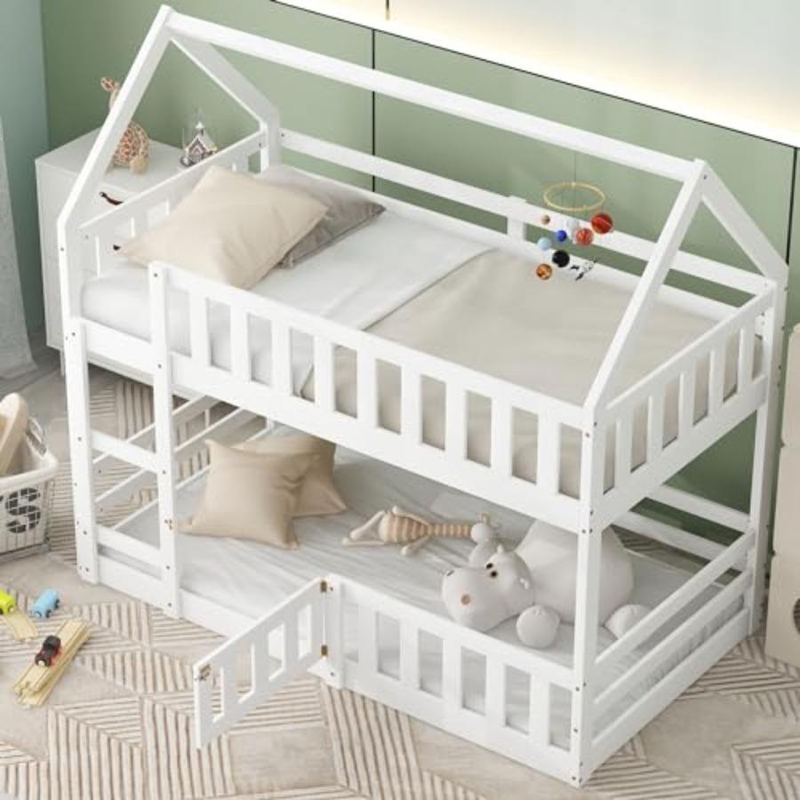 Twin Over House Bunk Bed with Fence and Door, White Bed Frame, Heavy Duty Strong Support Slats, Storage Space Under Base, Easy