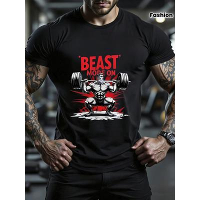 BEAST MODE ON Graphic Tee for Men, Cotton Crew Neck, Breathable, Sweat-wicking for Sports and Daily Wear