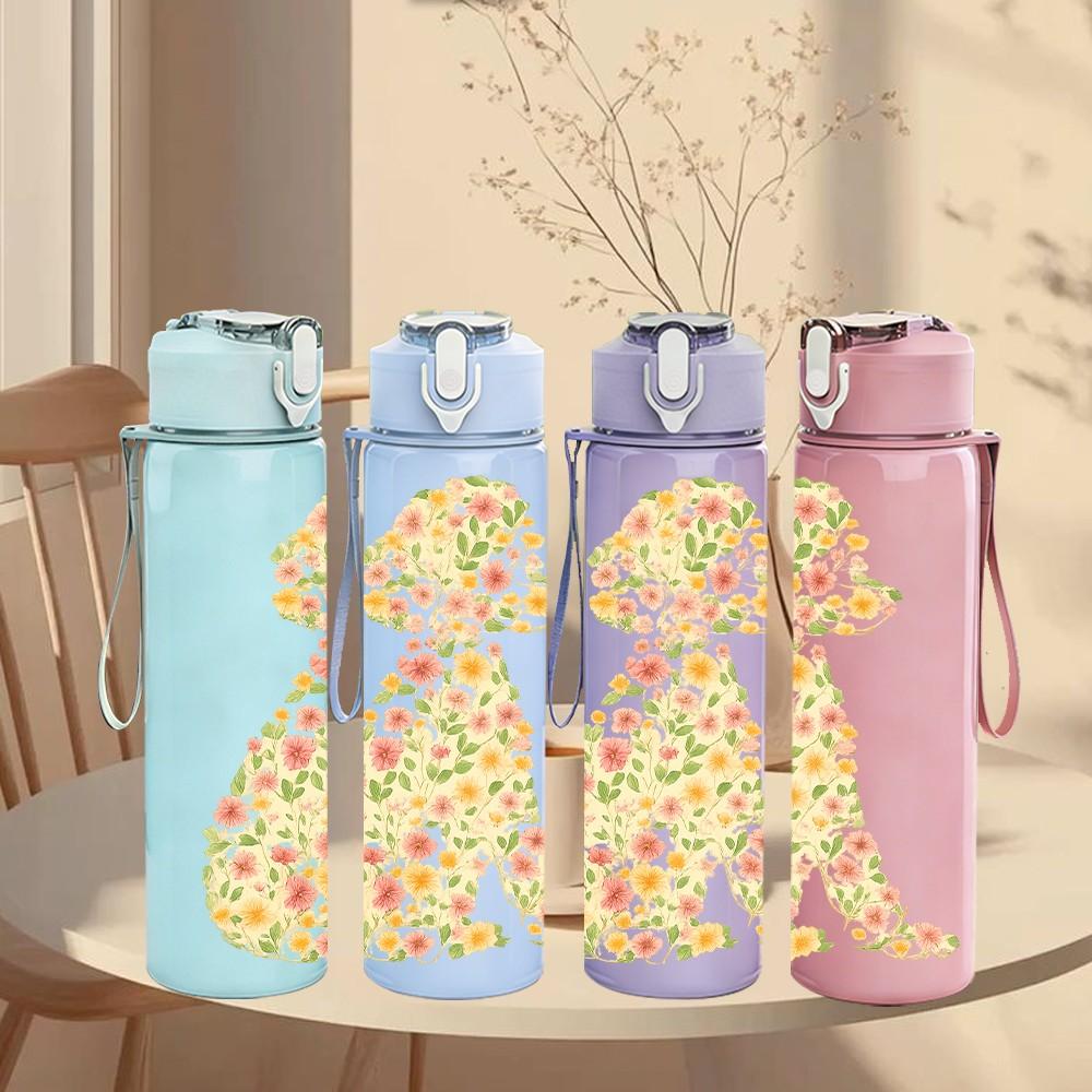 1PC Floral Pattern Dog Silhouette 750ml Color Plastic Sports Water Bottle Leakproof Flip Straw Lid Suitable for Sports Office Home Use