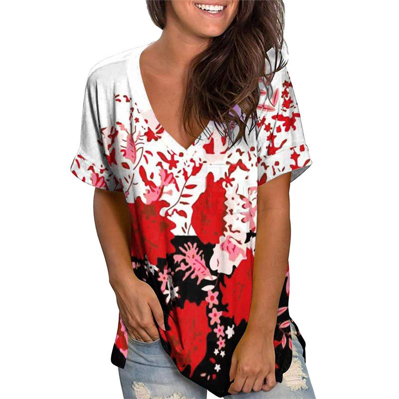 Mode Frühling Schmetterlingsdruck Blusen Kurzärmelig V-Ausschnitt T-Shirts Lässig