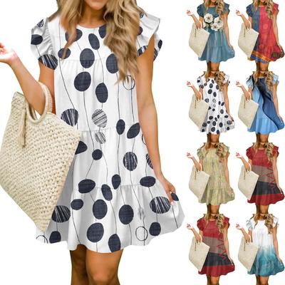 Damenmode Sommer Casual O-Ausschnitt Rüschen Ärmel ärmellos Flowy Short Tunika Kleid