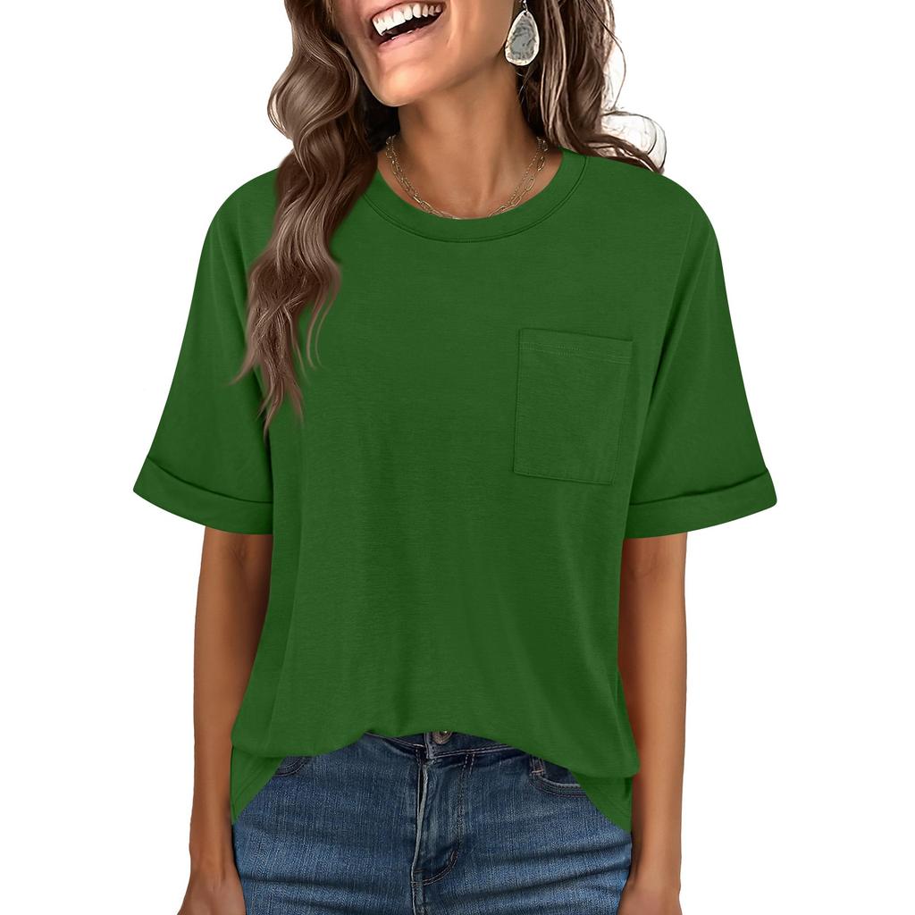 Women Casual Loose Fit Crew Neck Short Sleeve T Shirt with Pocket Comfortable Relaxed Style Lightweight Top for Daily Wear