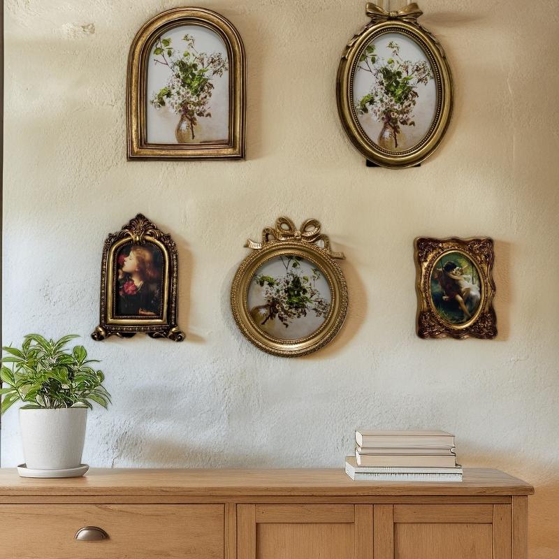 Kreativní Vintage Zlatý Pryskyřičný Rámeček na Obrázky Displejový Držák na Stůl Nástěnná Dekorace Oválný Rámeček na Fotografie Malý Retro Závěsný Rámeček