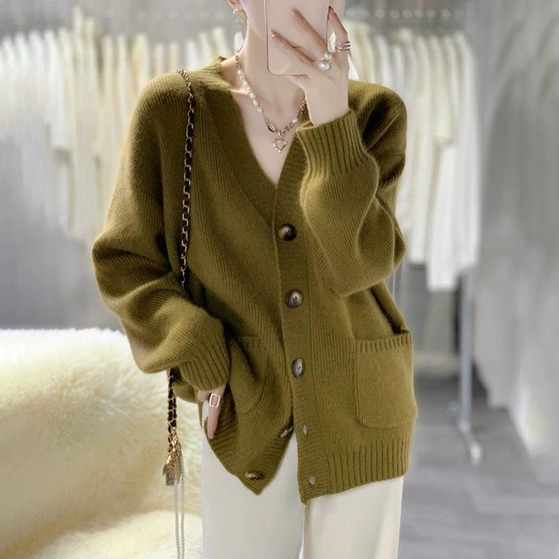 Solid Color Casual Versatile Knitted Cardigan Top Women's Autumn and Winter New V-neck Loose and Thin Sweater Jacket