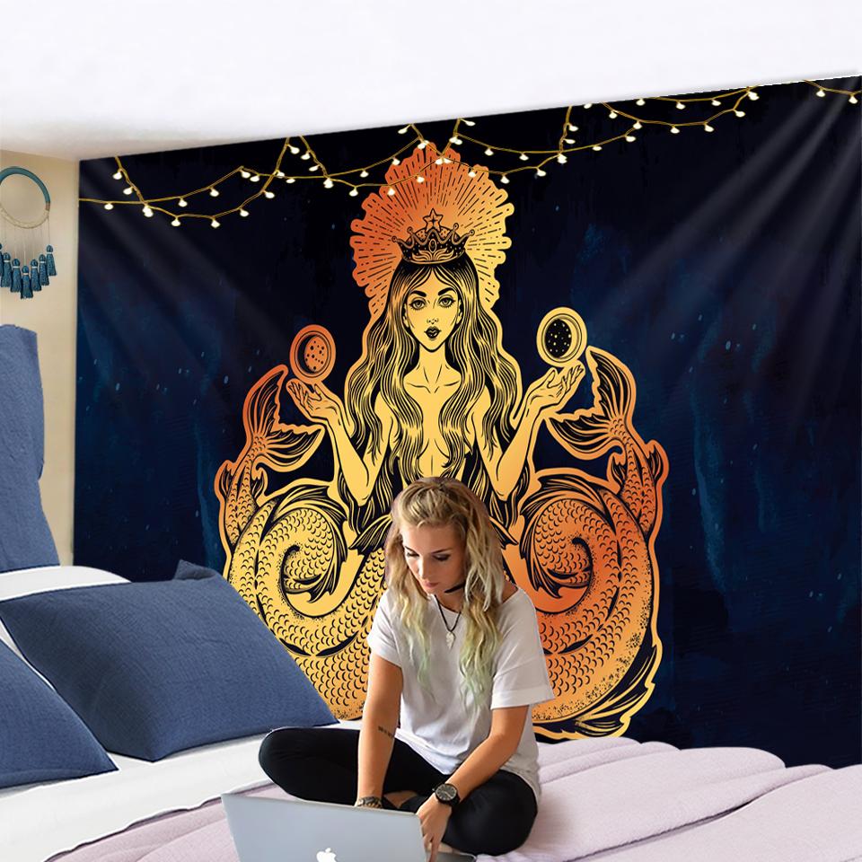 Tapiserie de sirenă cu coadă dublă, agățată pe perete, yoga indiană, coroană de aur, hippie, soare, lună, decor boem pentru dormitor