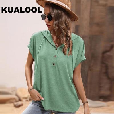 Fashion Casual Women's T-shirt Comfortable Loose Hooded T-shirt Button Up T-shirt