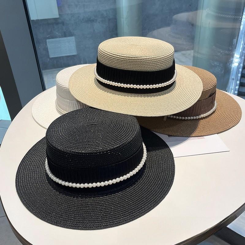 Summer Straw Hat With Pearl Chain And Wide Brim For Beach Sun Protection