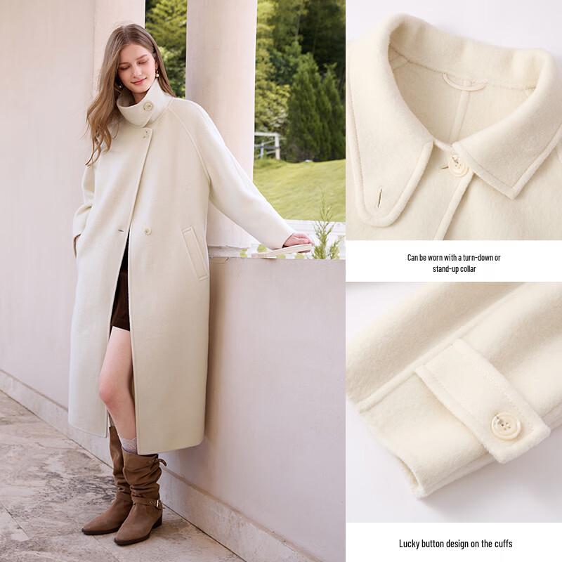 Xiangying Women's White Double-faced Wool Blend Mid-Length Coat