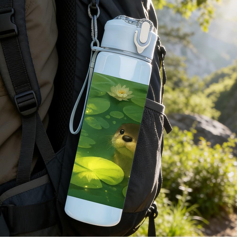 1PC Otter Lotus Pond Scene 750ml Color Plastic Sports Water Bottle Leakproof Flip Straw Lid Suitable for Sports Office Home Use