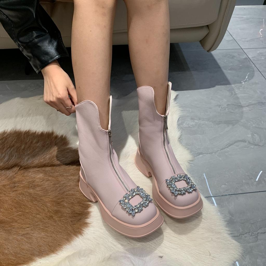 Martin Boots, Women's Autumn Single Boots, Thick Soled Sponge Cake High Heels, Front Zipper White Short Boots, Rhinestone Slim Boots