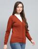 MONTE CARLO Womens Solid Rust V Neck Full Sleeve Cardigan