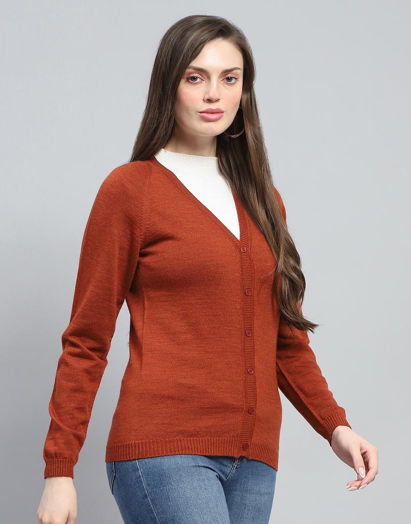 MONTE CARLO Womens Solid Rust V Neck Full Sleeve Cardigan