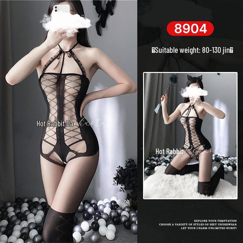 Seductive Rabbit Silk Bondage Lingerie Set: Open Crotch, Tearable Bodysuit with Garter and Stockings