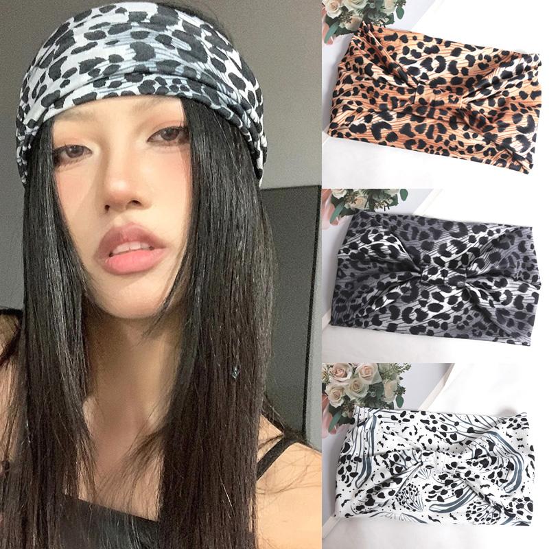 Women Wide -Side Pilates Elastic Hair Bands Yoga Leopard Print Headband Running Cycling Turban Makeup Hair Hoop Makeup Headwrap