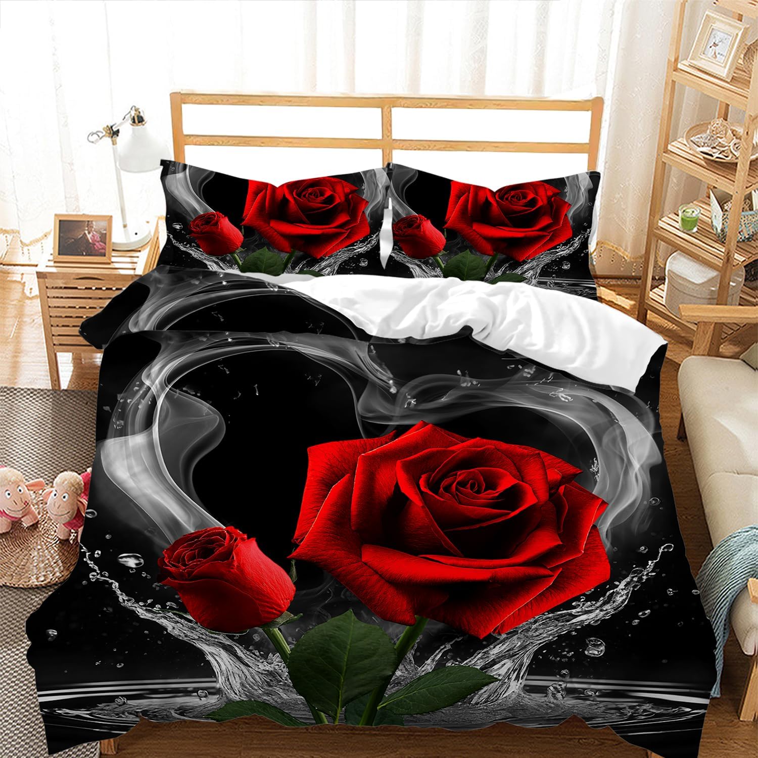 Ensemble Housse de couette Rose Rouge - Taille Queen Twin, Ensemble de literie floral 3D Rose, Housse de couette Florale Thème Romantique Moderne Saint-Valentin EU Single(135x200cm)