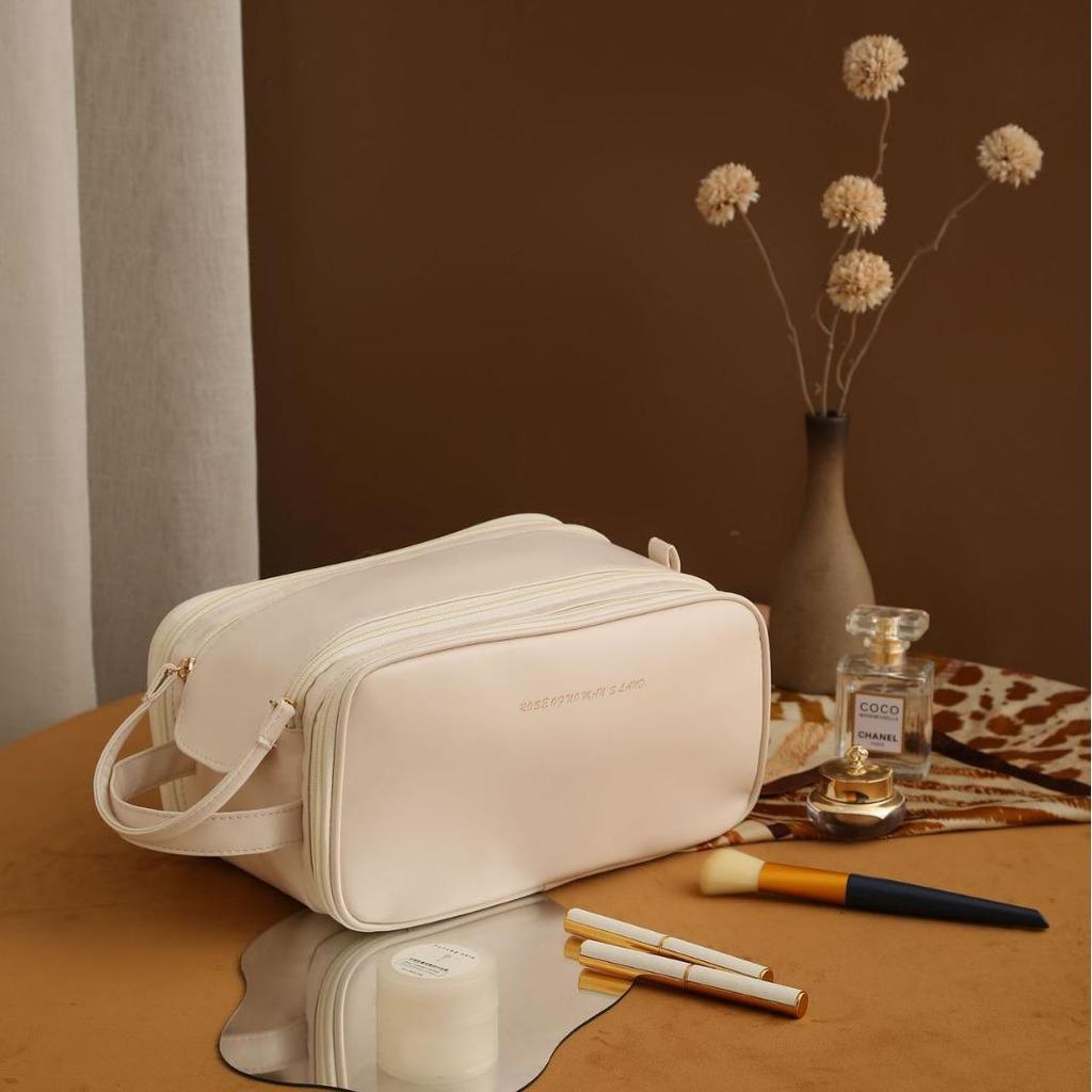 Double-Layer PU Travel Cosmetic Bag with Large Capacity