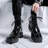 Long tube thick soled men's leather shoes Trendy Black design style Outdoor Street Casual party boots versatile