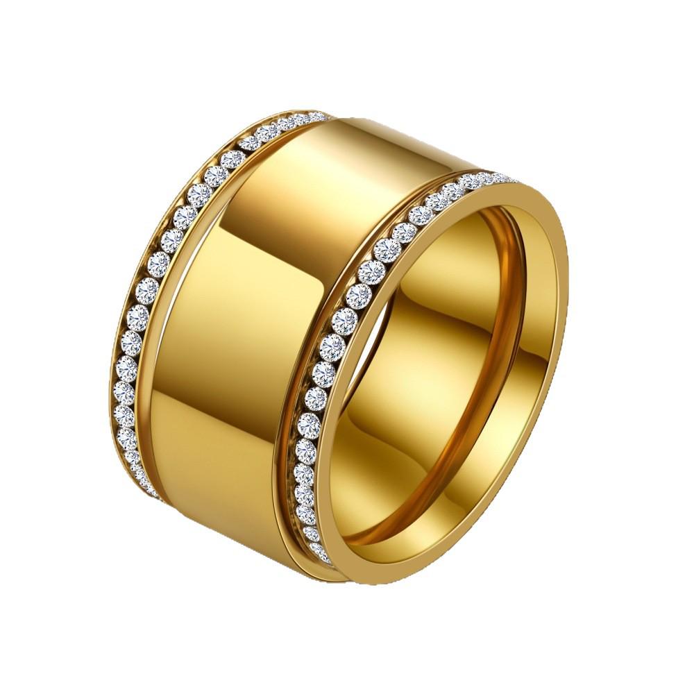 European-American High-Gloss Diamond Inlaid Ring: Minimalist Luxury, 18K Gold-Plated Titanium Steel, Wide Band Design