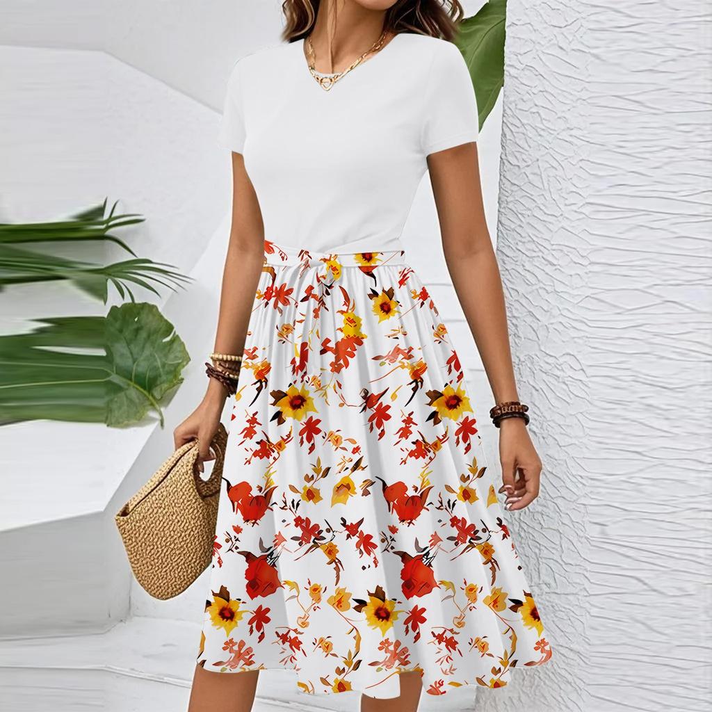 Women's Casual Fashion Belted Floral Print Short Sleeve Round Neck Elegant Dress