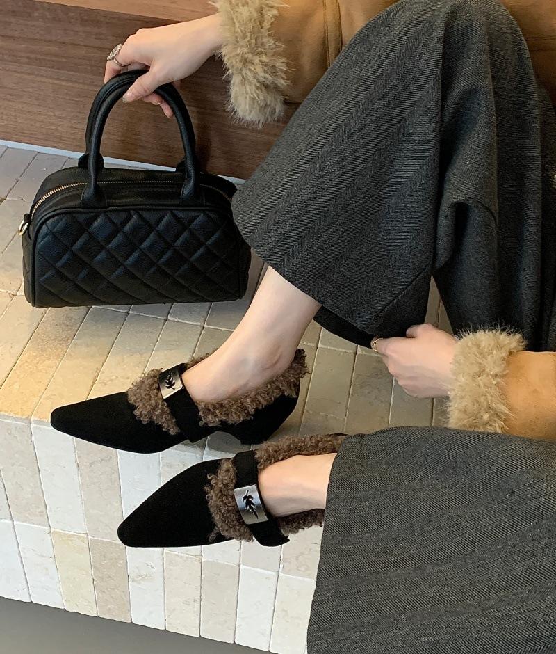 2025 new winter heightening suede pointed head belt buckle slope heel plush shoes women