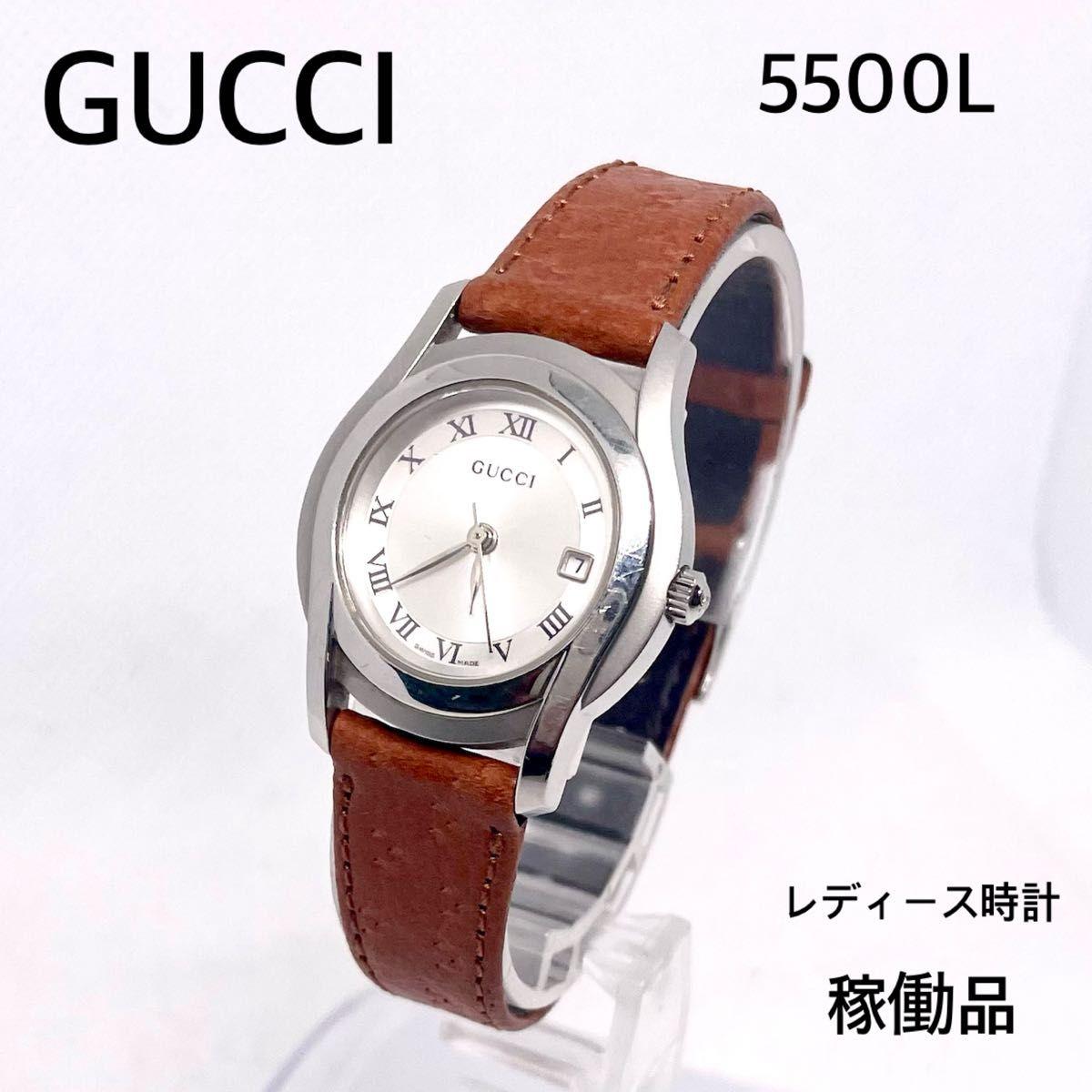 Used GUCCI 5500L Ladies Watch Silver Dial New Battery Replaced External New Leather Strap Working Item Date Quartz