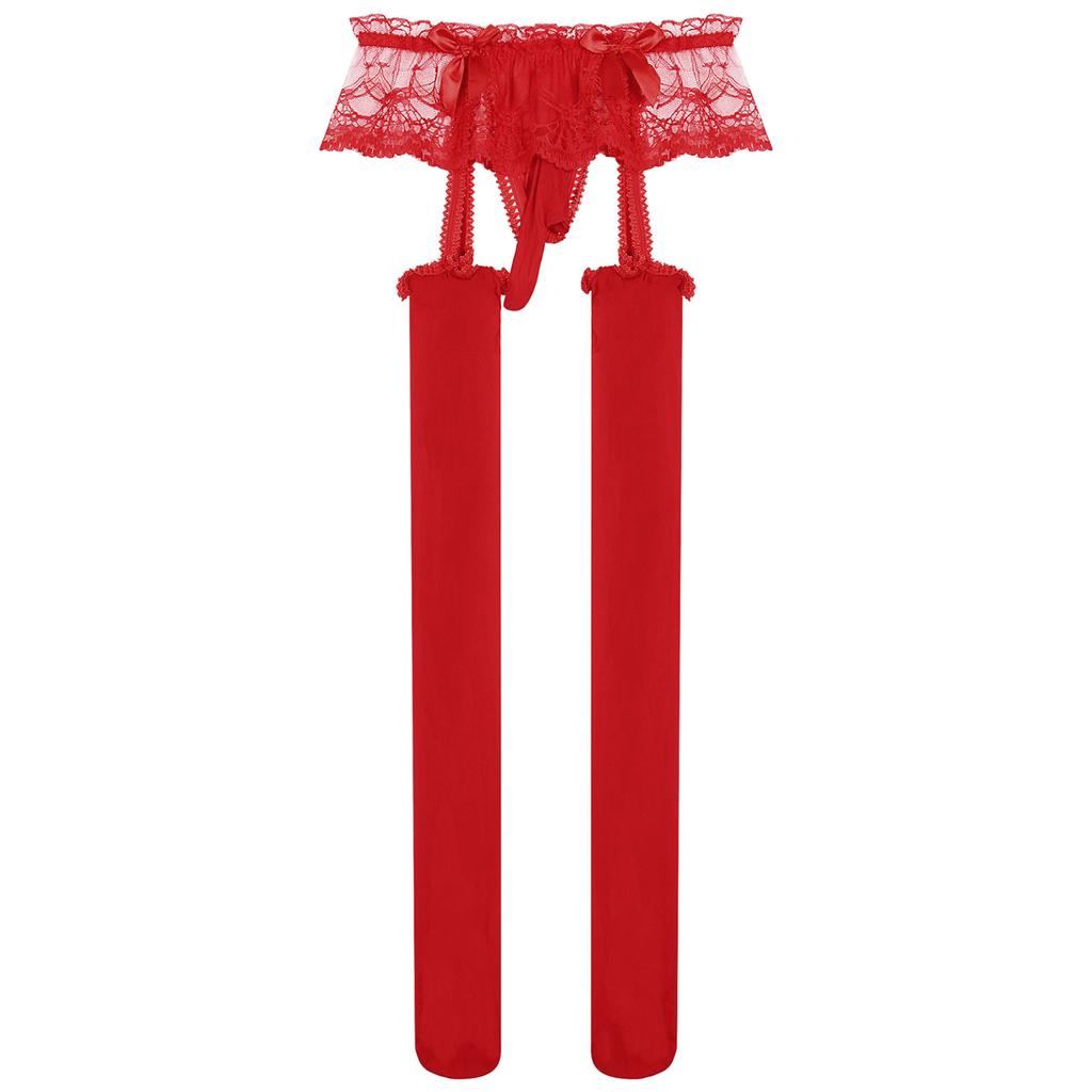 Mens Exotic Sheer Lace Briefs with Stocks Cutout Pantyhose Bulge Pouch G-Strings Glossy Garters Leggings Sissy Nightwears Party