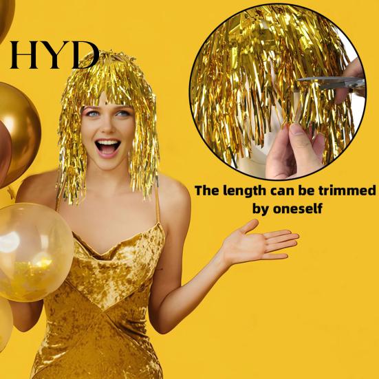 PET Glossy Ribbon Wig Colorful Foil Tinsel Wigs Metallic Fancy Party Shiny Cosplay Costume Photo Booth Prop for Adults Women Reflective Hair