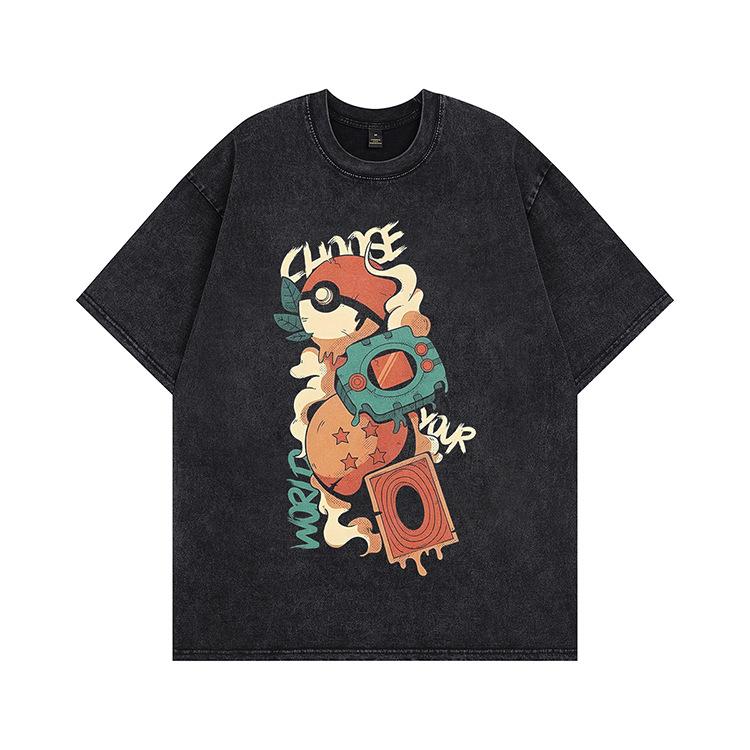 Kanye American trend retro washing water cartoon short-sleeved vintage old loose round neck men's and women's same T-shirt