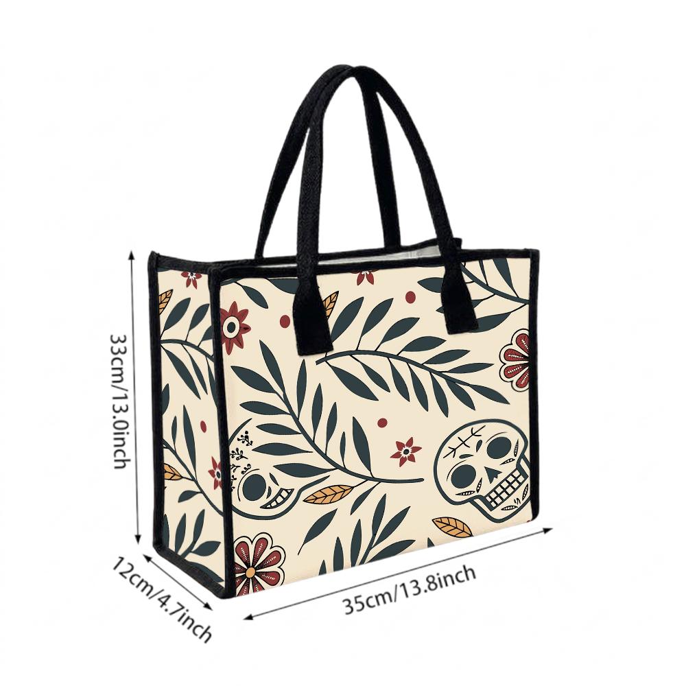 Bohemian Skull Floral Canvas Tote Bag Casual Daily Shoulder Handbag for Ladies
