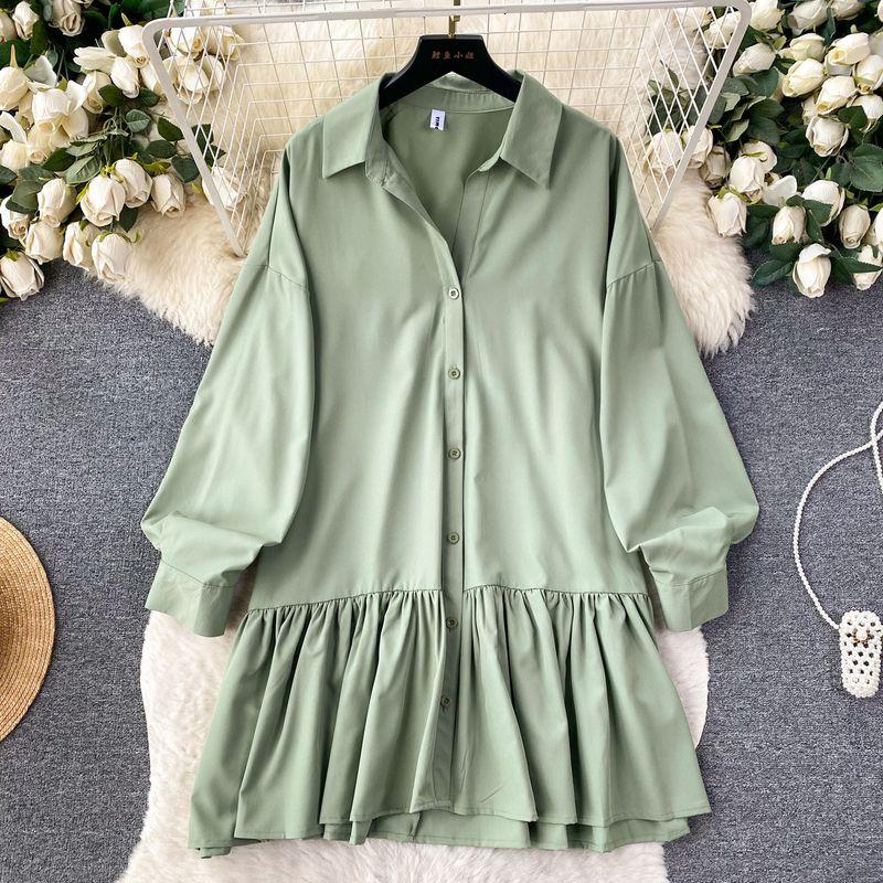 

Chic Early Autumn Wear Slim Looking Girl s Dress Long Sleeves Shirt Green All yards