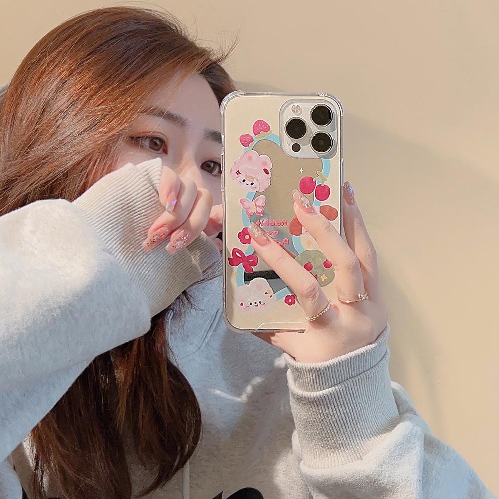 Cute Dog Ins Strawberry Rabbit Puppy Cartoon Mirror Phone Case For Iphone 14 7 8 Plus 12 Mini 13 11 Pro Max X Xr Xsmax Cover