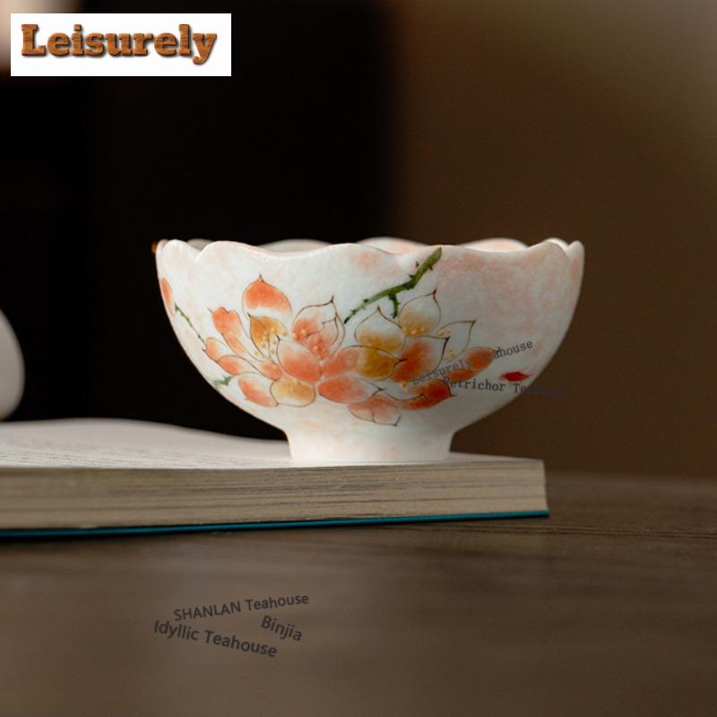 80ml Hand-painted Pink Magnolia Flower Mouth Teacup Luxury Tea Bowl Set Of Cups Tea-tasting Fragrance Cup Jianzhan Master Cups