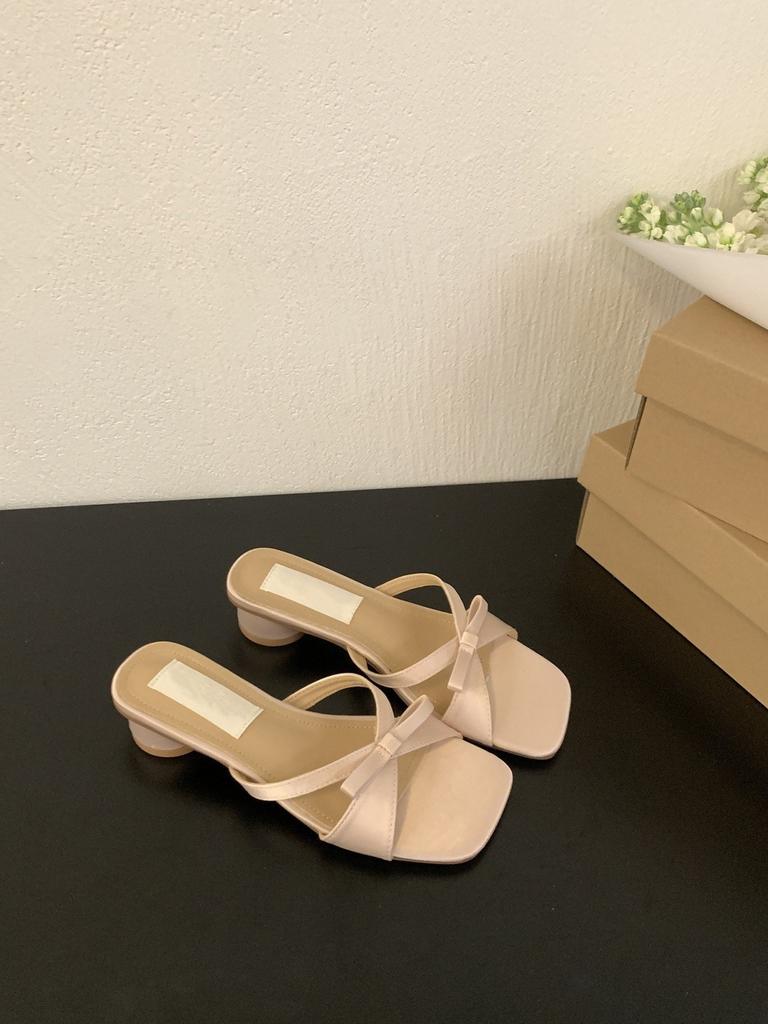 Medium heel temperament silver bow cool slippers women's outer wear with skirt fairy sandals