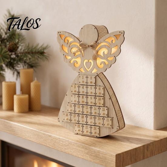 Christmas Light Up Decor Wooden Angel Advent Calendar with 24 Storage Drawers, Countdown for Home to Tabletop Decoration Winter Holiday Party Favors
