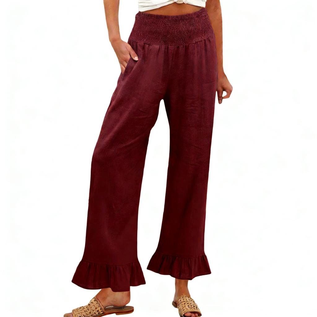 Pantaloni Casual da Donna in Misto Cotone e Lino, Vestibilità Larga con Orlo Arricciato, per le Vacanze Estive