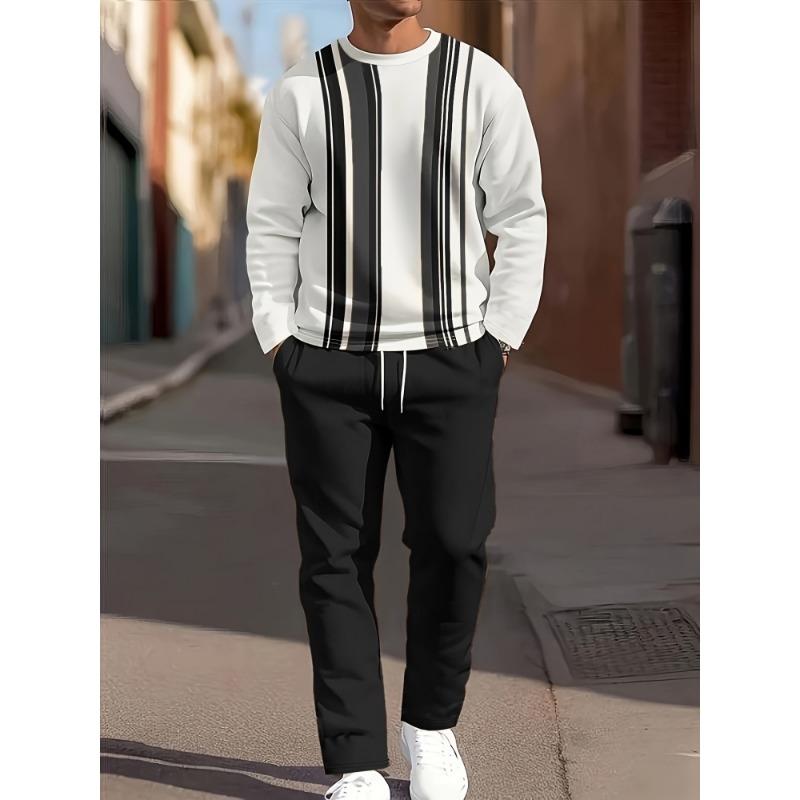 Herbst Freizeit Herren Langarm Set Trendiger Farbverlauf Print Outdoor Rundhals Langarm Oberteil & Lässige Hose Zweiteiliges Set