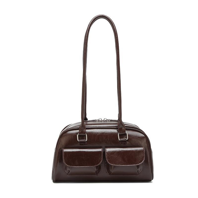 Korean Yunzhen Oil Wax Leather Bowling Bag Multi-Pocket Underarm Bag Commuter Handbag Shoulder Bag Crossbody Bag