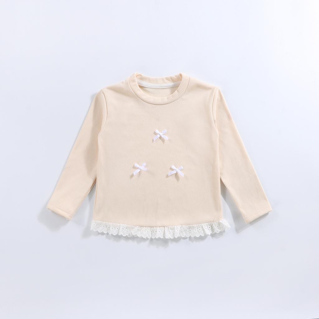 Girls Spring Base Layer Versatile Long-Sleeve Lace Round-Neck Top with Bow Korean-Style Outerwear for Girls