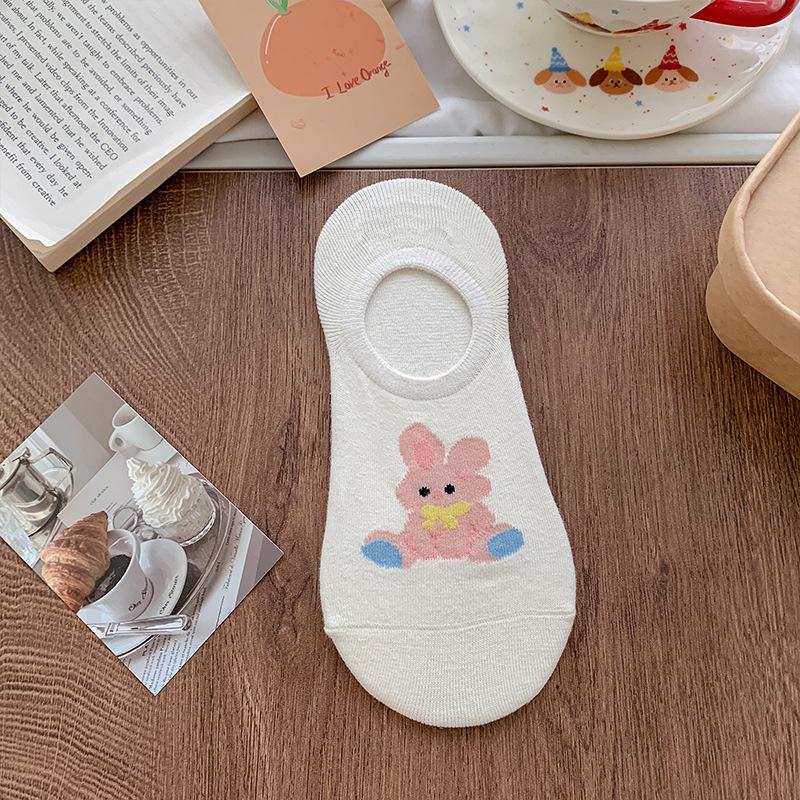 Spring and Summer Thin Socks, Female Cartoon Cute Little Animal Shallow Mouth Boat Socks, Silicone Anti-slip Invisible White Socks