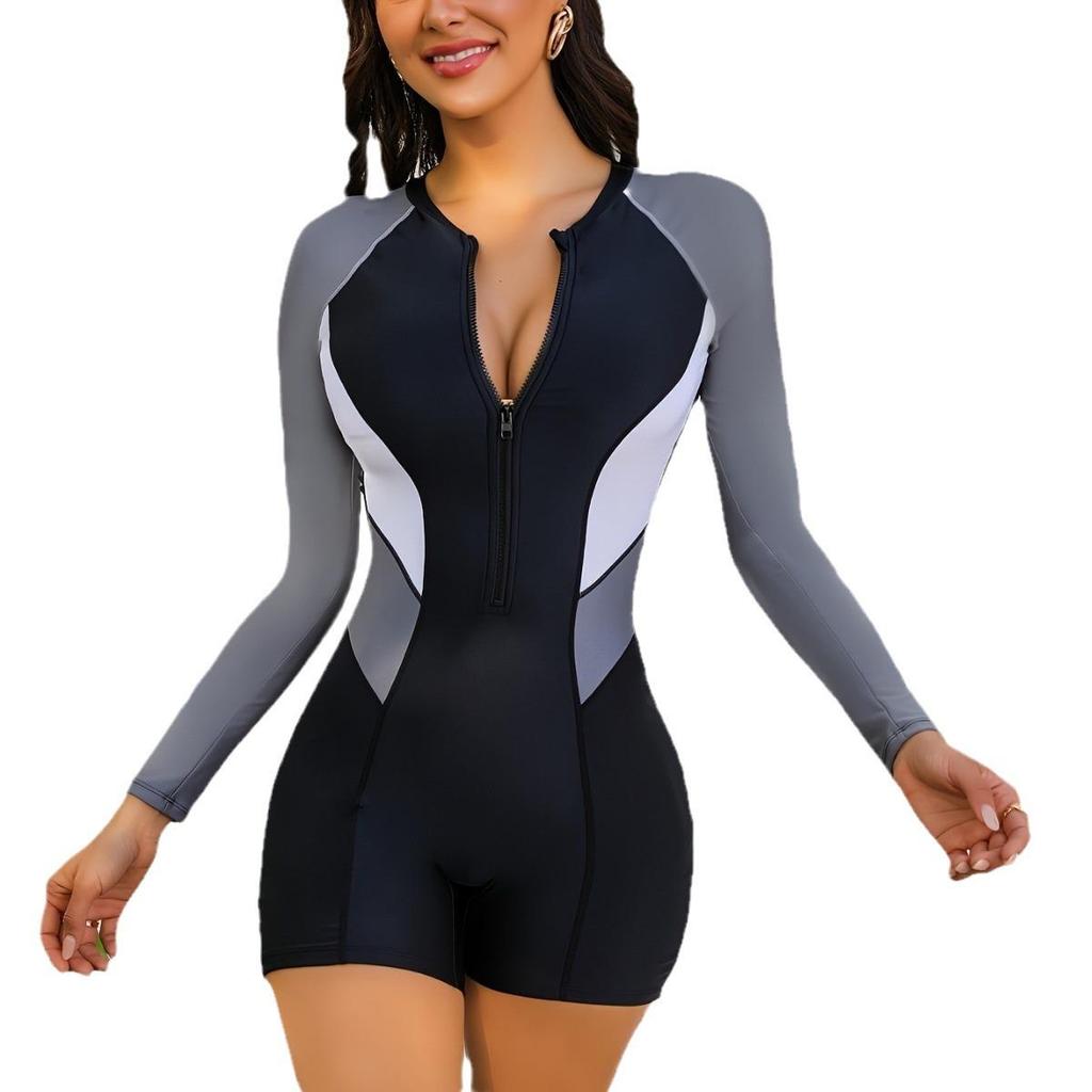 European & American Long Sleeve Zipper Surfing Swimsuit with Sun Protection for Women
