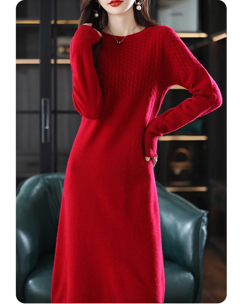 Damen Vintage Locker Gestricktes Kaschmir-Pulloverkleid - Rundhalsausschnitt, Mittellang, Übergröße, Dick für Herbst & Winter