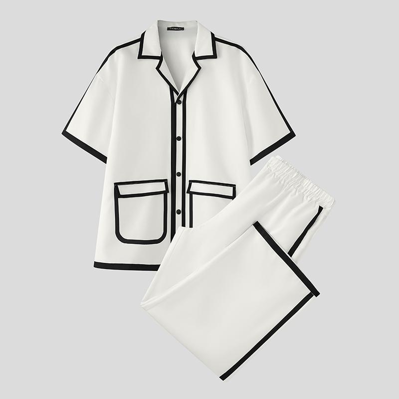 

INCERUN 2PCS Men Short Sleeve Striped Stitching Shirts and Long Pants Outfits Sets 5XL белый