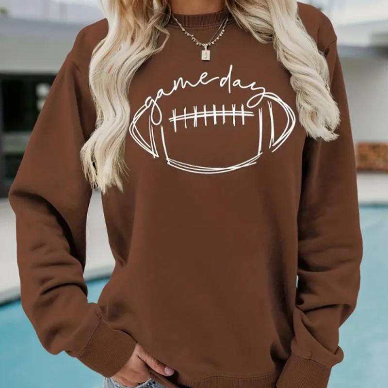 Autumn&Spring Clothing Hand Drawn Rugby Print Sweater Tops for Women Round Neck Long Sleeve