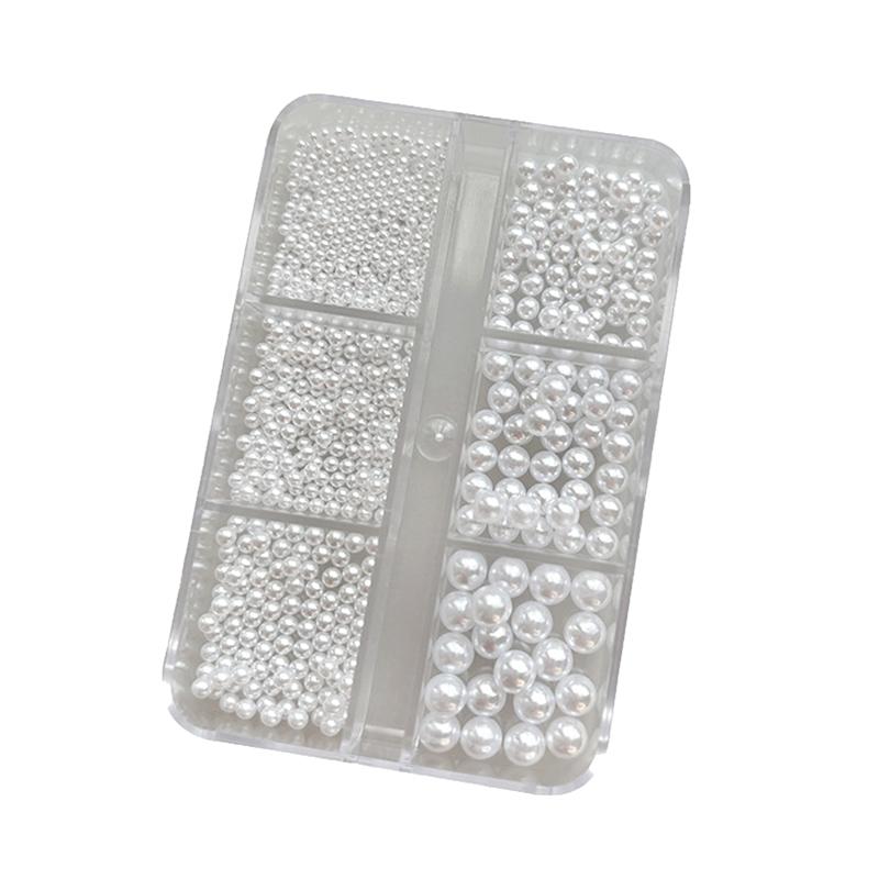 6 Grids Round White Pearls Nail Beads Nail Charms Caviar Beads Nail Jewels Half Round Pearl Gems DIY Nail Art Decor